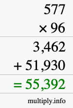 How to calculate 577 times 96 using long multiplication