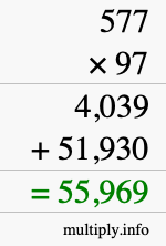 How to calculate 577 times 97 using long multiplication How to calculate 577 times 97 using long multiplication