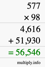 How to calculate 577 times 98 using long multiplication