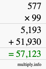 How to calculate 577 times 99 using long multiplication