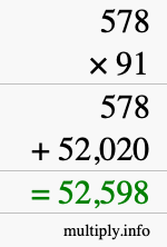How to calculate 578 times 91 using long multiplication