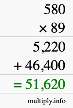 How to calculate 580 times 89 using long multiplication