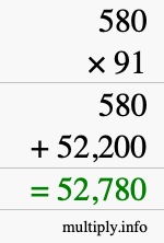How to calculate 580 times 91 using long multiplication