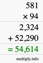 How to calculate 581 times 94 using long multiplication
