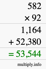 How to calculate 582 times 92 using long multiplication