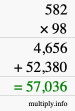 How to calculate 582 times 98 using long multiplication