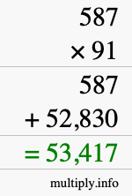 How to calculate 587 times 91 using long multiplication