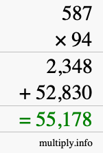 How to calculate 587 times 94 using long multiplication