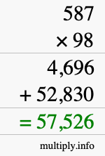 How to calculate 587 times 98 using long multiplication