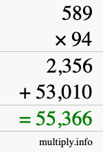 How to calculate 589 times 94 using long multiplication