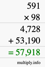 How to calculate 591 times 98 using long multiplication