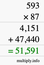 How to calculate 593 times 87 using long multiplication