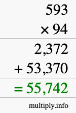 How to calculate 593 times 94 using long multiplication