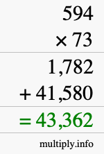 How to calculate 594 times 73 using long multiplication