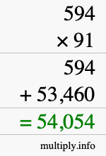 How to calculate 594 times 91 using long multiplication