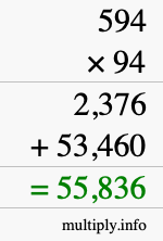 How to calculate 594 times 94 using long multiplication