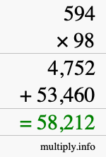 How to calculate 594 times 98 using long multiplication