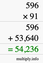 How to calculate 596 times 91 using long multiplication
