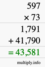How to calculate 597 times 73 using long multiplication