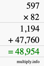 How to calculate 597 times 82 using long multiplication