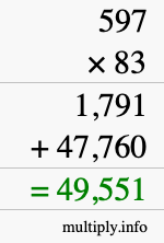 How to calculate 597 times 83 using long multiplication