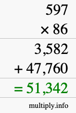 How to calculate 597 times 86 using long multiplication