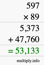 How to calculate 597 times 89 using long multiplication