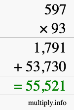 How to calculate 597 times 93 using long multiplication