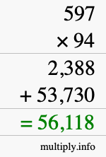 How to calculate 597 times 94 using long multiplication