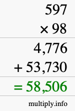 How to calculate 597 times 98 using long multiplication