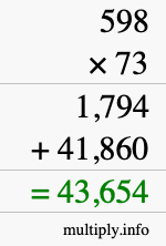 How to calculate 598 times 73 using long multiplication