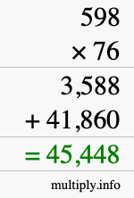 How to calculate 598 times 76 using long multiplication