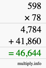 How to calculate 598 times 78 using long multiplication