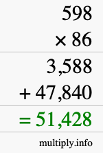 How to calculate 598 times 86 using long multiplication