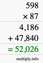 How to calculate 598 times 87 using long multiplication