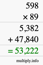 How to calculate 598 times 89 using long multiplication