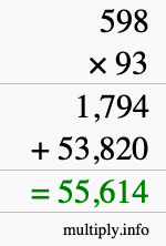 How to calculate 598 times 93 using long multiplication