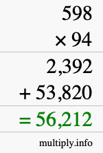How to calculate 598 times 94 using long multiplication