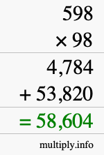 How to calculate 598 times 98 using long multiplication