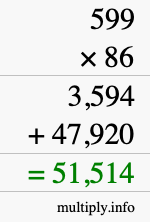 How to calculate 599 times 86 using long multiplication
