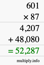How to calculate 601 times 87 using long multiplication
