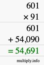 How to calculate 601 times 91 using long multiplication