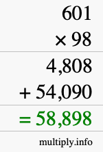 How to calculate 601 times 98 using long multiplication