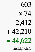 How to calculate 603 times 74 using long multiplication