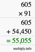 How to calculate 605 times 91 using long multiplication