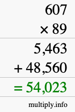 How to calculate 607 times 89 using long multiplication