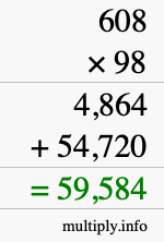 How to calculate 608 times 98 using long multiplication