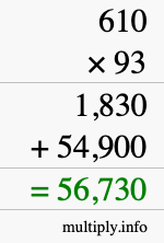 How to calculate 610 times 93 using long multiplication