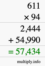 How to calculate 611 times 94 using long multiplication