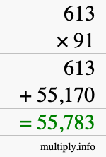 How to calculate 613 times 91 using long multiplication